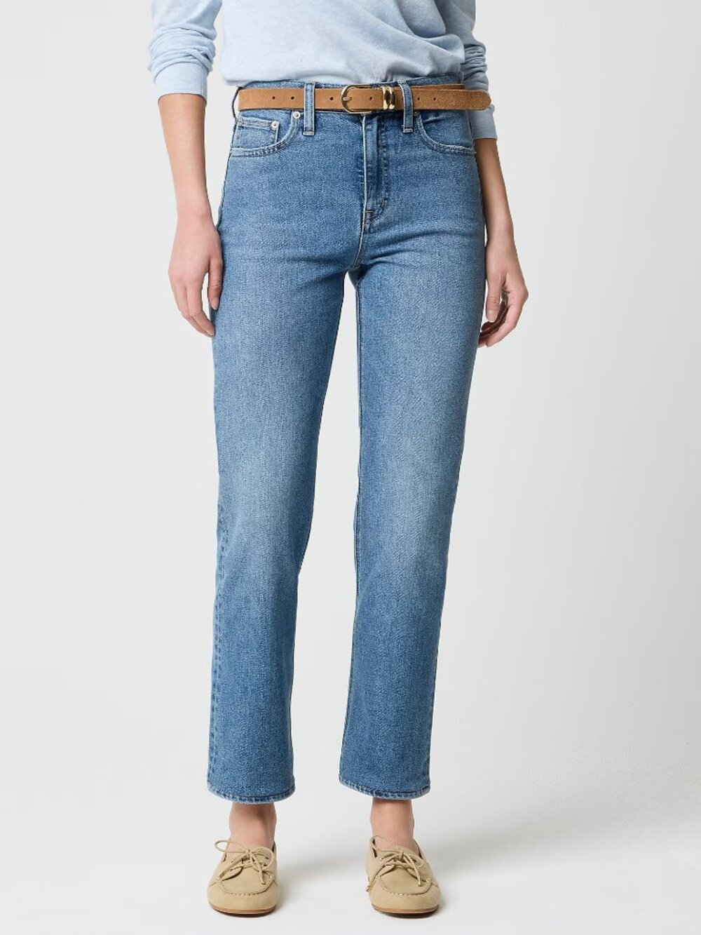 J. Crew Petite Mid-Rise Straight Jean in All-Day Stretch Bright Cyan Wash